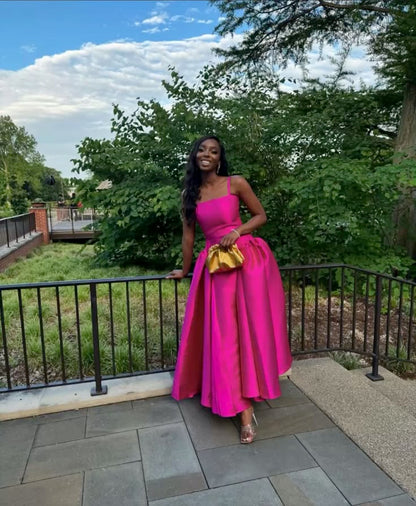 Fuchsia Spaghetti Straps A-Line Satin Long Formal Party Dress    fg7476