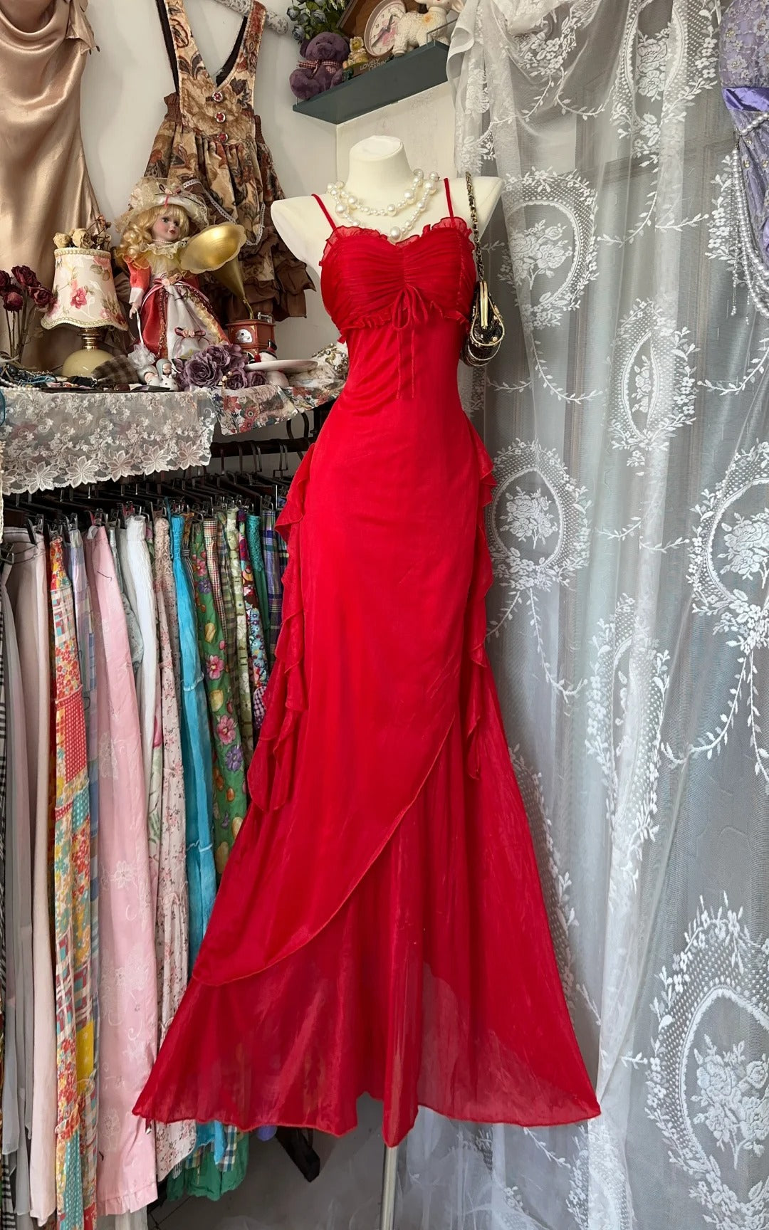 Red Party Dress Long Evening Dress Vintage Prom Dress    fg8130