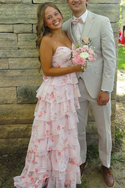 Pink A-Line Strapless Empire-Waist V-Neck Ruffles Print Prom Dress fg8301