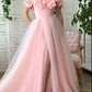 Pink Floral Prom Dresses, Off The Shoulder Evening Gown, Tulle Long Prom Dress  fg4679