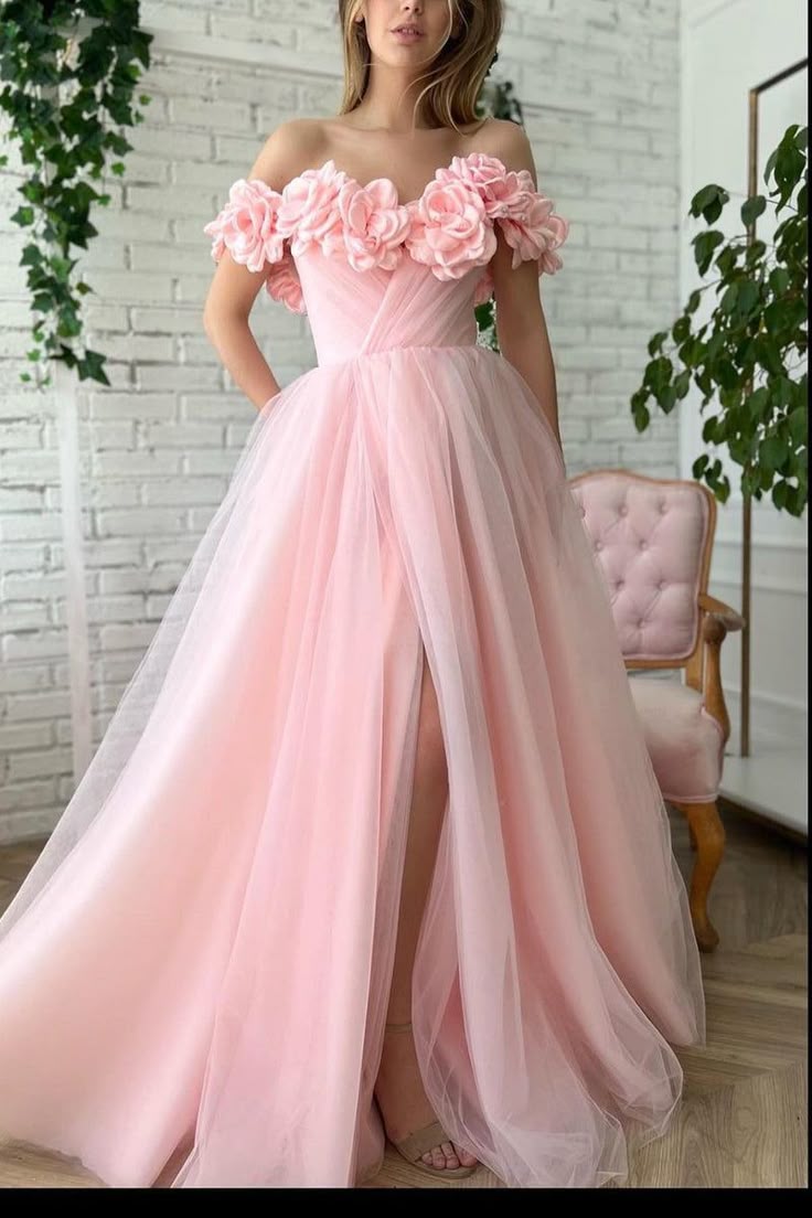 Pink Floral Prom Dresses, Off The Shoulder Evening Gown, Tulle Long Prom Dress  fg4679