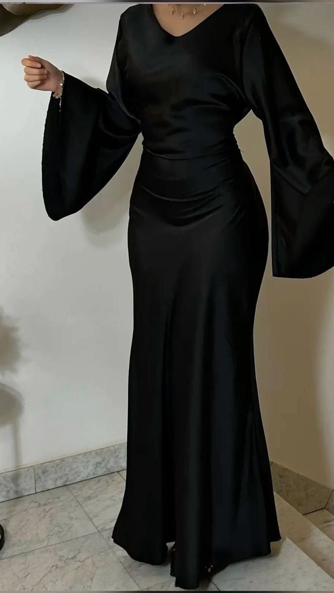 Vintage long satin black dress for women, elegant evening dress     fg7495