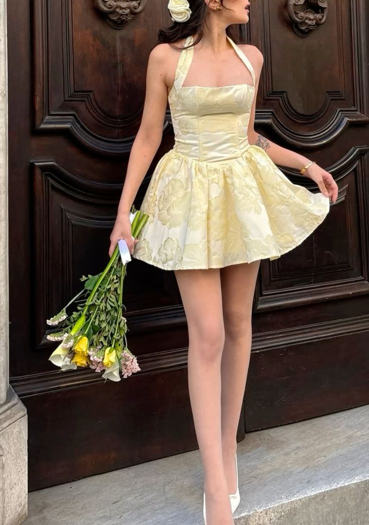 A Line Yellow Halter Short Evening Dress Homecoming Dress Short Party Dress    fg7802