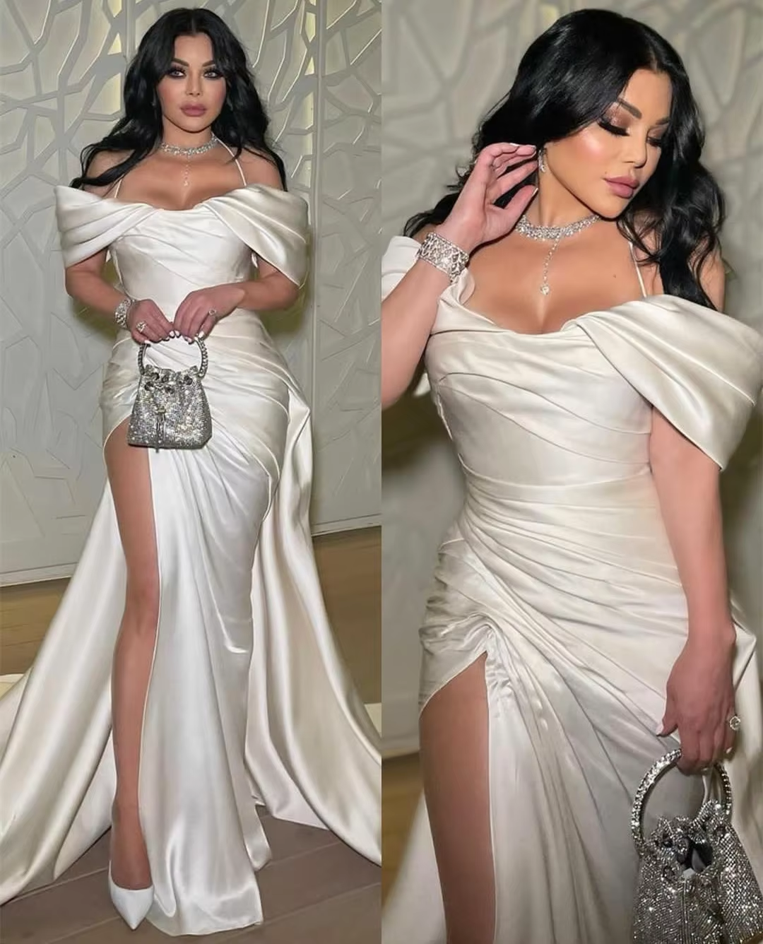 Vintage long satin pleated dress for women, elegant evening dress     fg7491