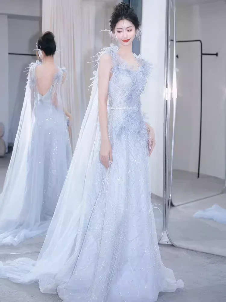 Mermaid Straps Gray Sequin Long Evening Dress Beads Prom Dress  fg8579