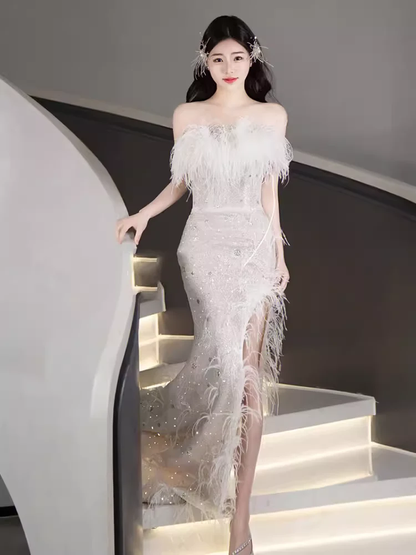 Mermaid Strapless Sequin Beads Long Evening Dress Slit Prom Dresses With Feathers  fg8585