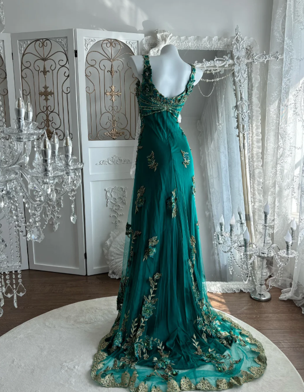 Vintage Green Lace Prom Party Dress Satin Evening Dress  fg8643