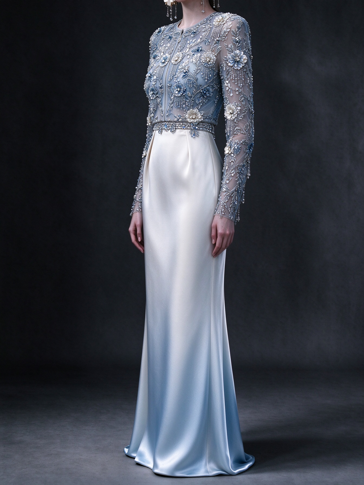 Ombré Blue Long Sleeve Sheer Tulle  Satin Mermaid Evening Gown With 3D Blue Floral Beading ,  fg9000