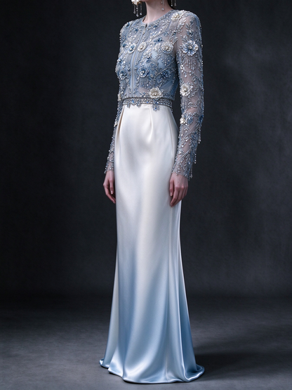 Ombré Blue Long Sleeve Sheer Tulle  Satin Mermaid Evening Gown With 3D Blue Floral Beading ,  fg9000