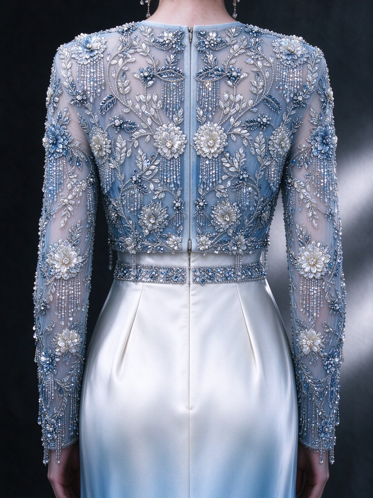 Ombré Blue Long Sleeve Sheer Tulle  Satin Mermaid Evening Gown With 3D Blue Floral Beading ,  fg9000