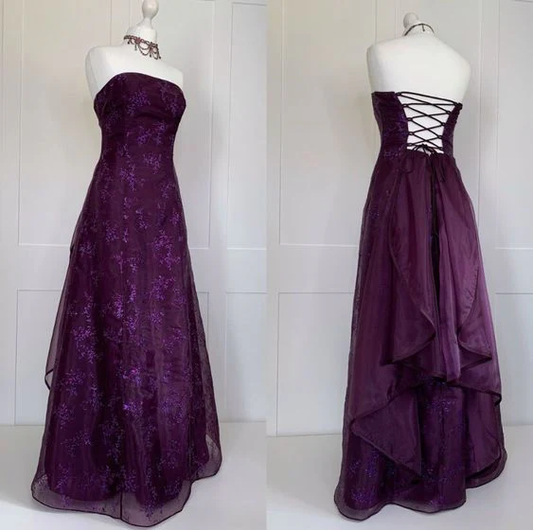 A Line Strapless Grape Lace Long Prom Dresses Evening Dress  fg8518
