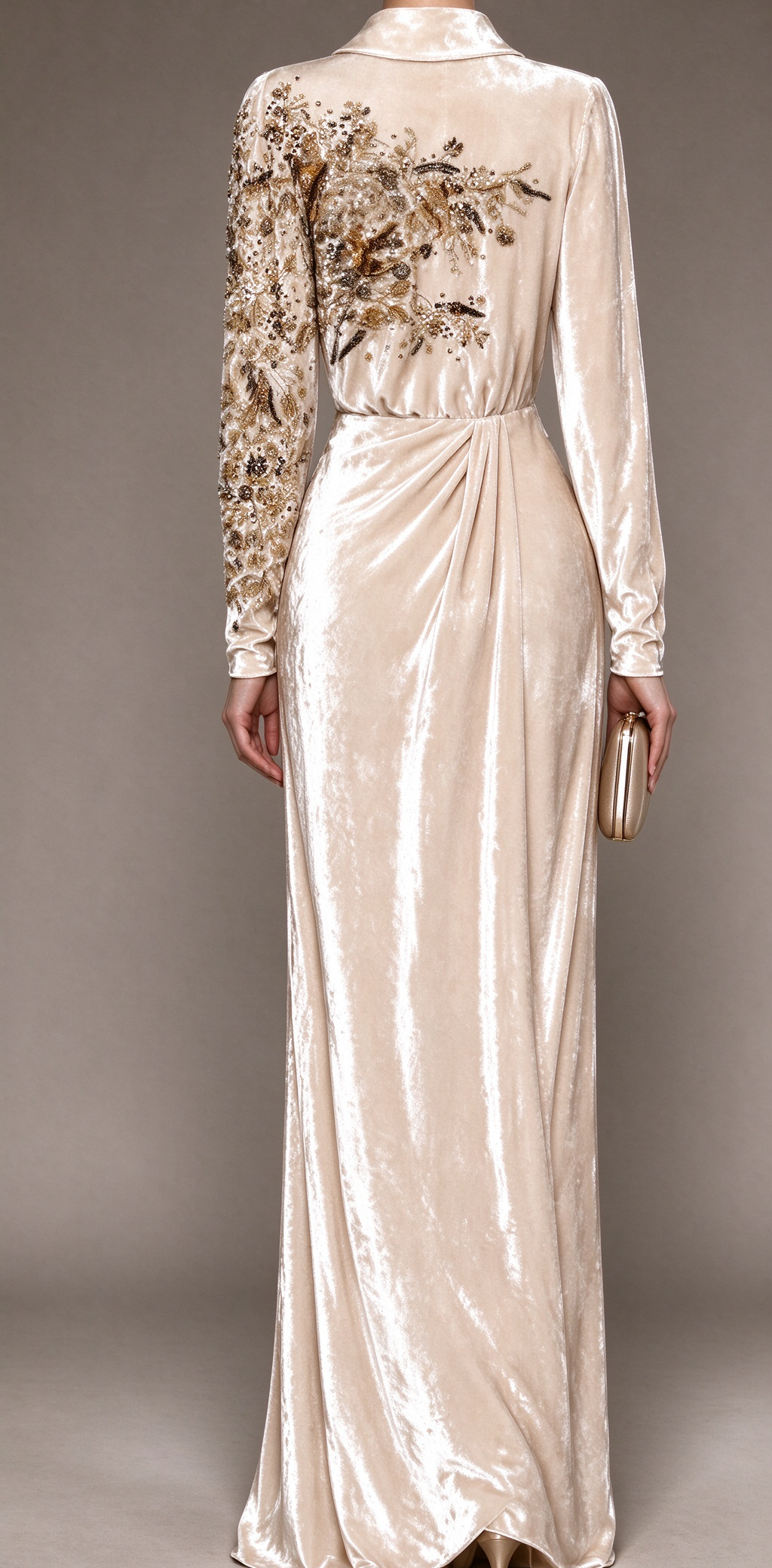 Champagne Velvet Long Sleeve Evening Gown With Gold Beaded Embroidery  fg8982