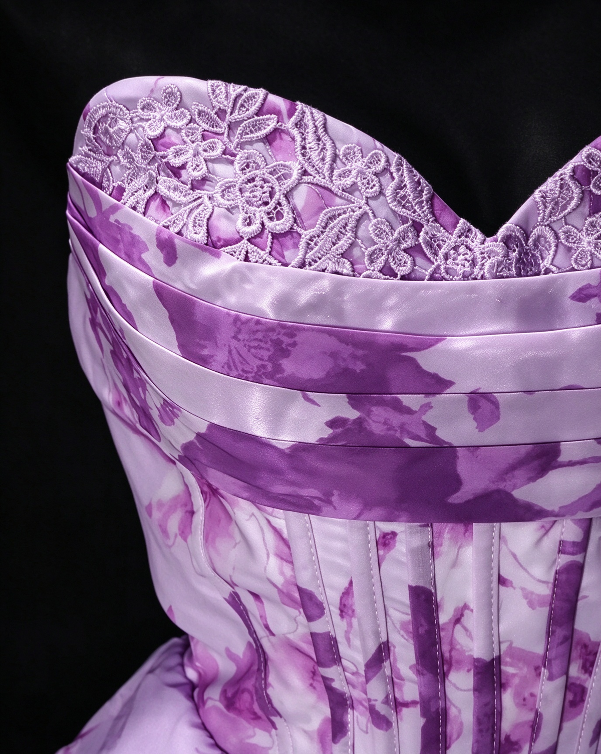 Strapless Lavender Floral Print Chiffon Tiered Evening Dress with Corset Bodice fg8941