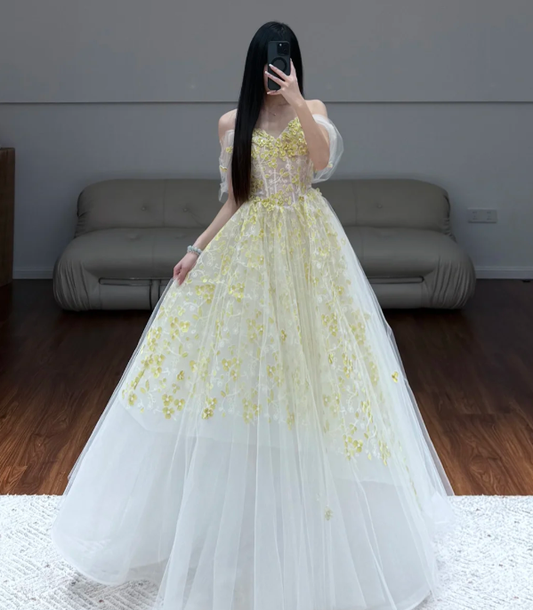 Off The Shoulder White Prom Party Dress Yellow Lace Evening Dress  fg8711