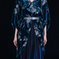 Peacock Blue Velvet Two-Piece Evening Gown, V-Neck Batwing Sleeve Top With Beaded Floral Embroidery,  fg9002