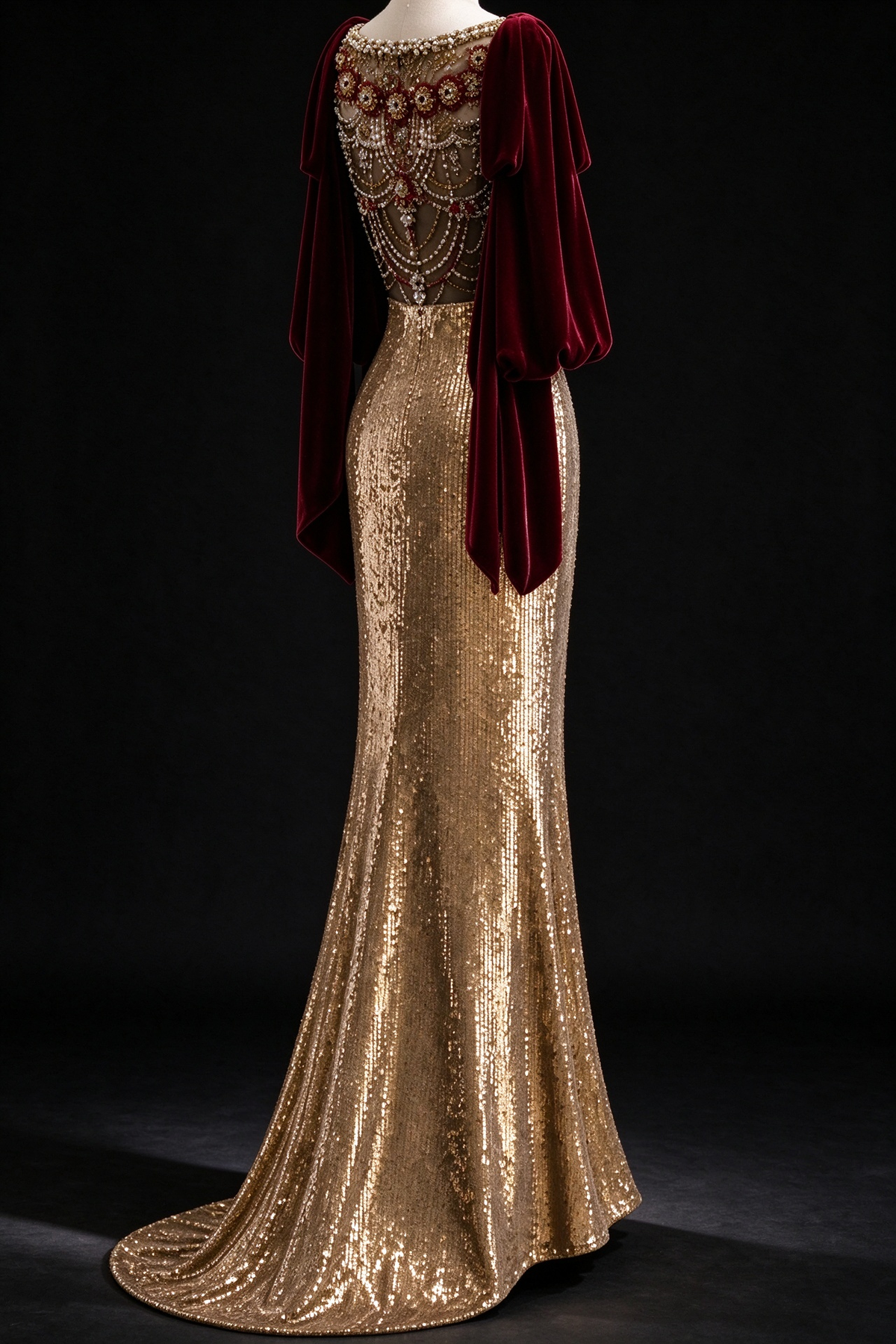Gold Sequin Mermaid Evening Gown With Burgundy Velvet Cape Sleeves & Beaded Illusion Neckline  fg8983