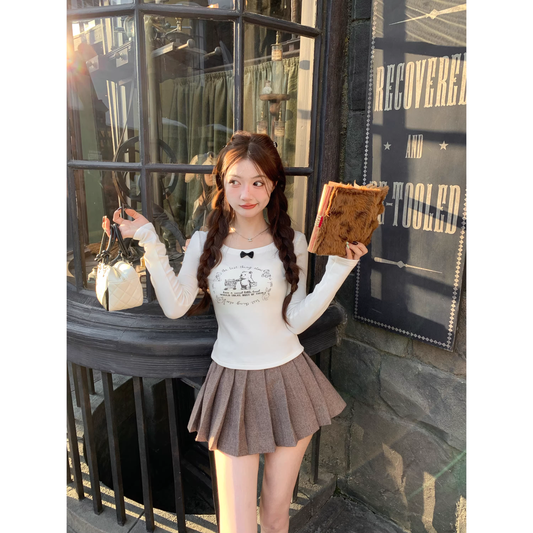 Plush, fitted, printed long-sleeved top for autumn and winter   A75