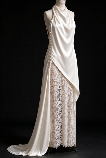 Ivory Satin Halter Wedding Dress With Lace Slit & Pearl Buttons fg8984