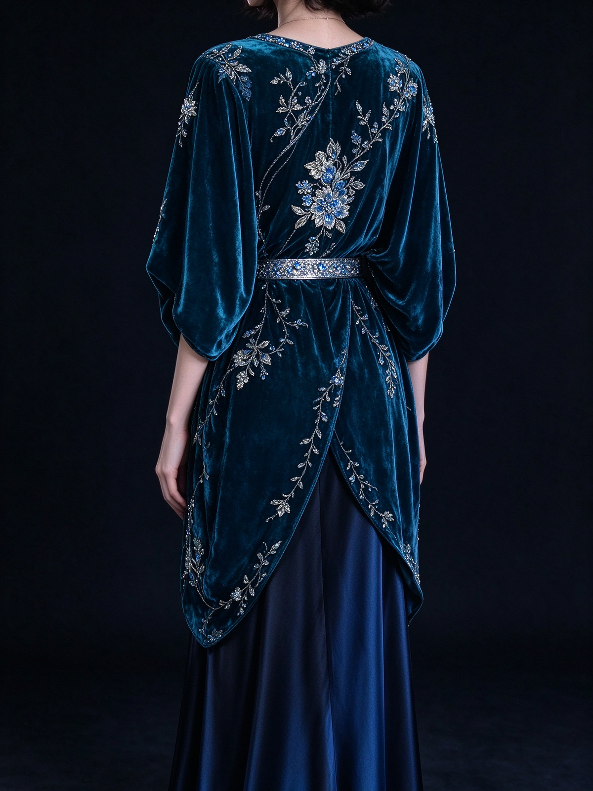 Peacock Blue Velvet Two-Piece Evening Gown, V-Neck Batwing Sleeve Top With Beaded Floral Embroidery,  fg9002