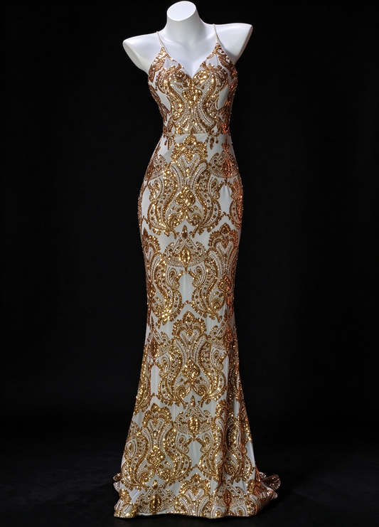 Spaghetti Strap Gold Sequin Mermaid Evening Gown with Crisscross Back fg8942