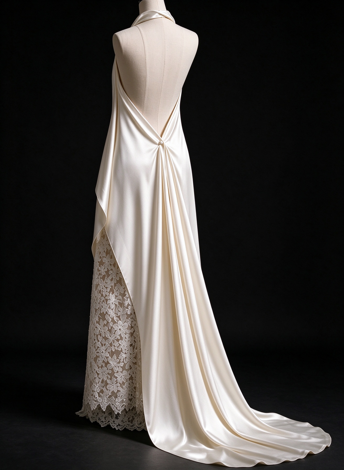 Ivory Satin Halter Wedding Dress With Lace Slit & Pearl Buttons fg8984