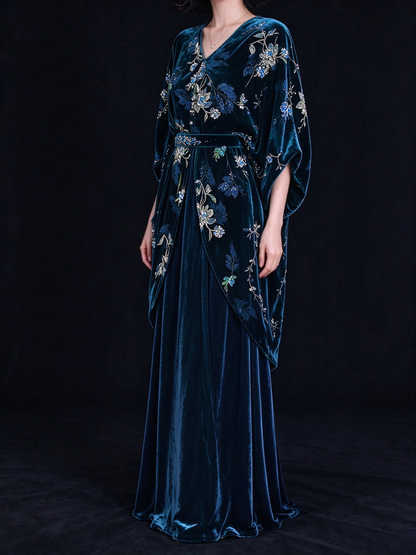 Peacock Blue Velvet Two-Piece Evening Gown, V-Neck Batwing Sleeve Top With Beaded Floral Embroidery,  fg9002