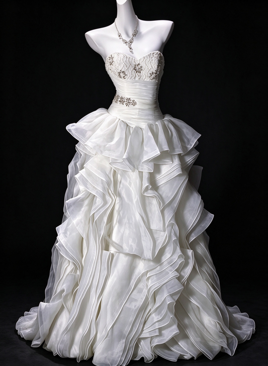 Strapless Sweetheart Ruffled Organza Ball Gown Wedding Dress with Beaded Bodice fg8943