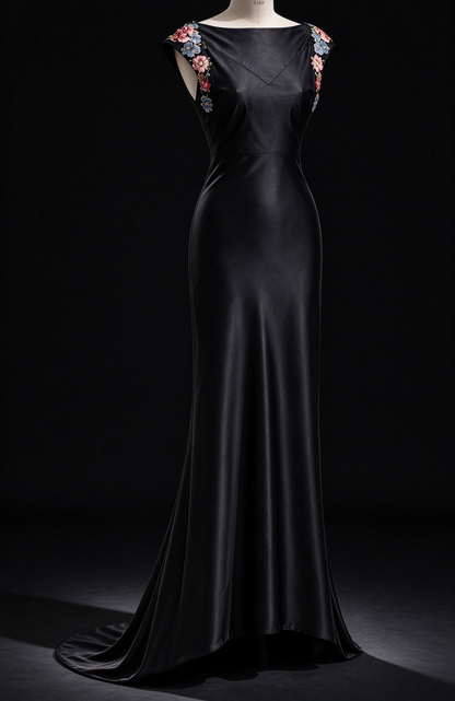 Black Satin Mermaid Evening Gown With Colorful Floral Embroidery & Deep V Back fg8985