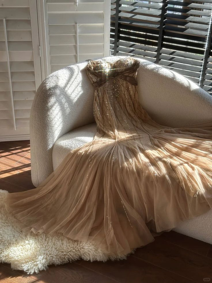 Shiny Vintage Beaded Chiffon Gold Long Prom Dress fg8315