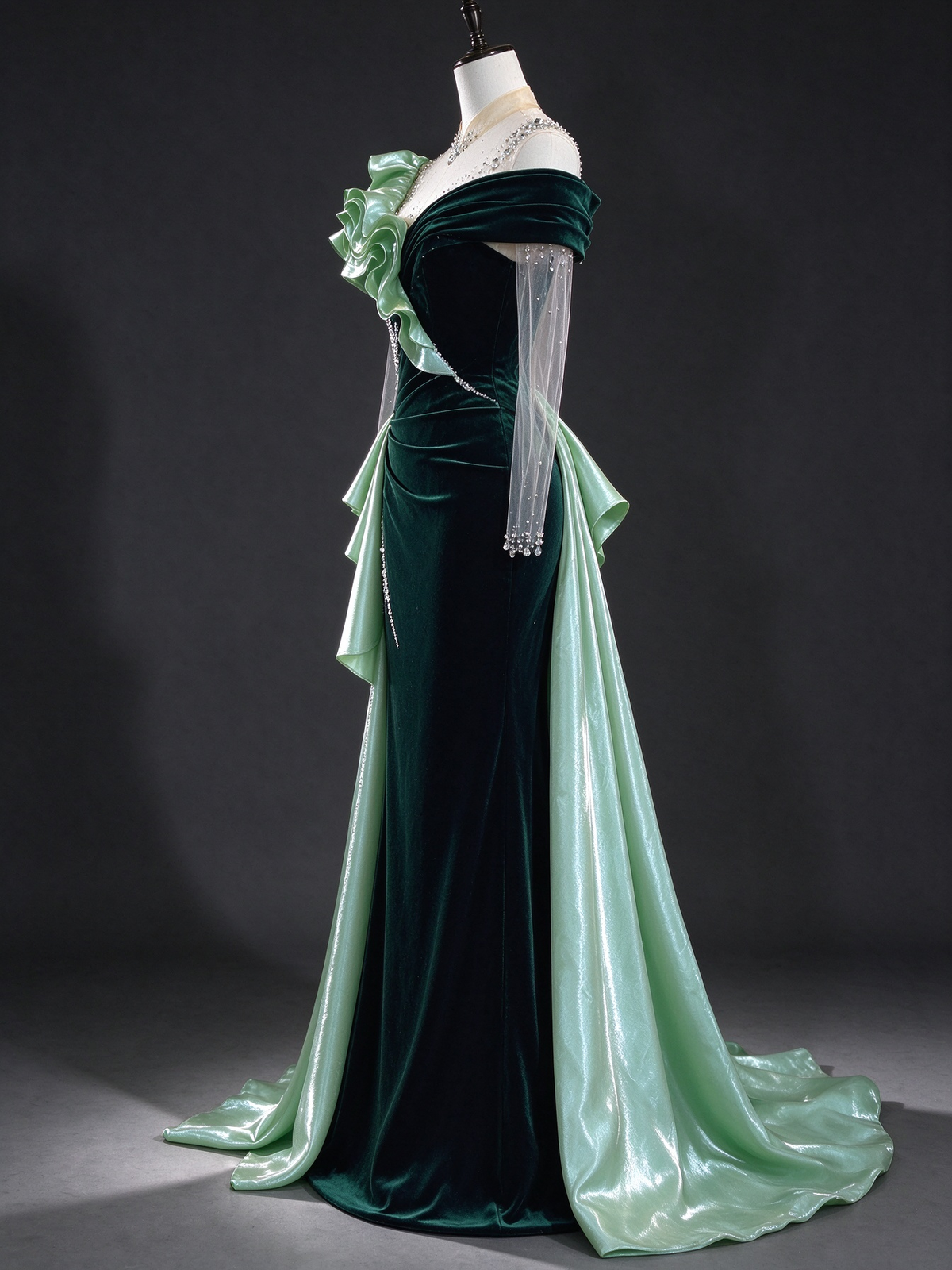 Dark Green Velvet Mermaid Evening Gown With Light Green Ruffled Satin, Beaded Illusion Neck & Sheer Tulle Sleeves fg8987