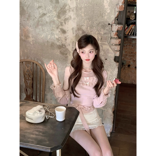 Pink lace long-sleeved shirt  A77