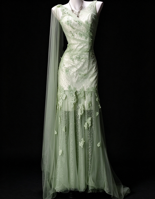 Sage Green Lace Appliqué Mermaid Tulle Evening Dress with Draped Tulle Sash & Deep V Back fg8944