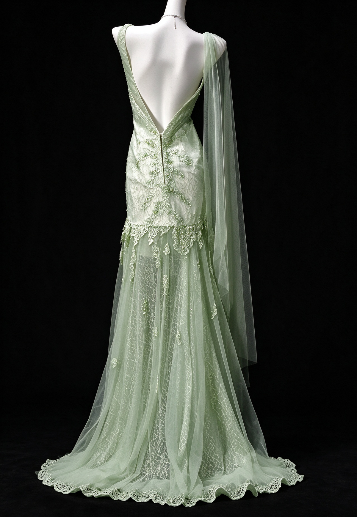 Sage Green Lace Appliqué Mermaid Tulle Evening Dress with Draped Tulle Sash & Deep V Back fg8944