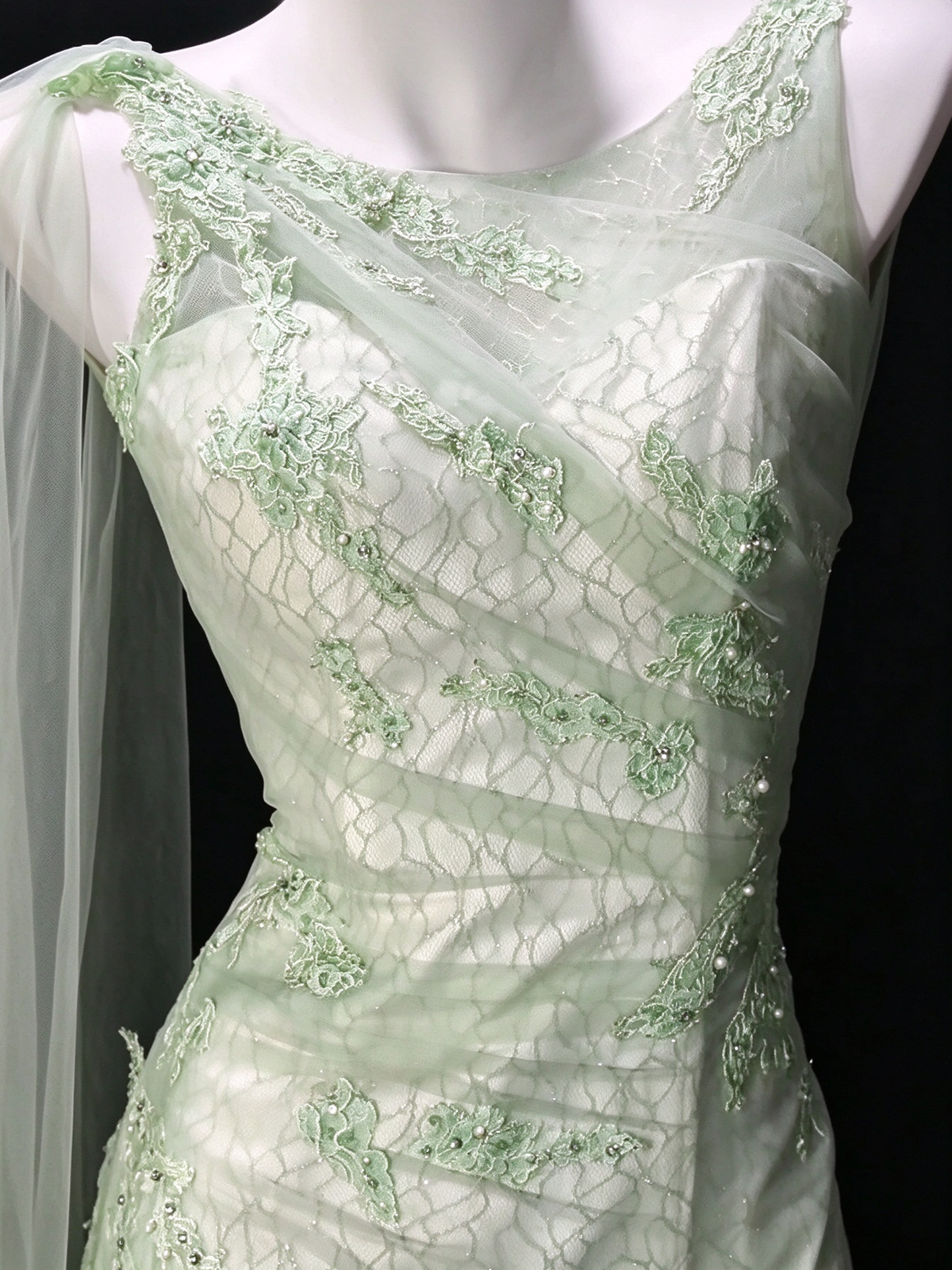 Sage Green Lace Appliqué Mermaid Tulle Evening Dress with Draped Tulle Sash & Deep V Back fg8944