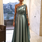 Abendkleider One-Shoulder-Full Length Satin A-Linie Lange Ärmel Formelle Partykleid Ballkleid fg6768