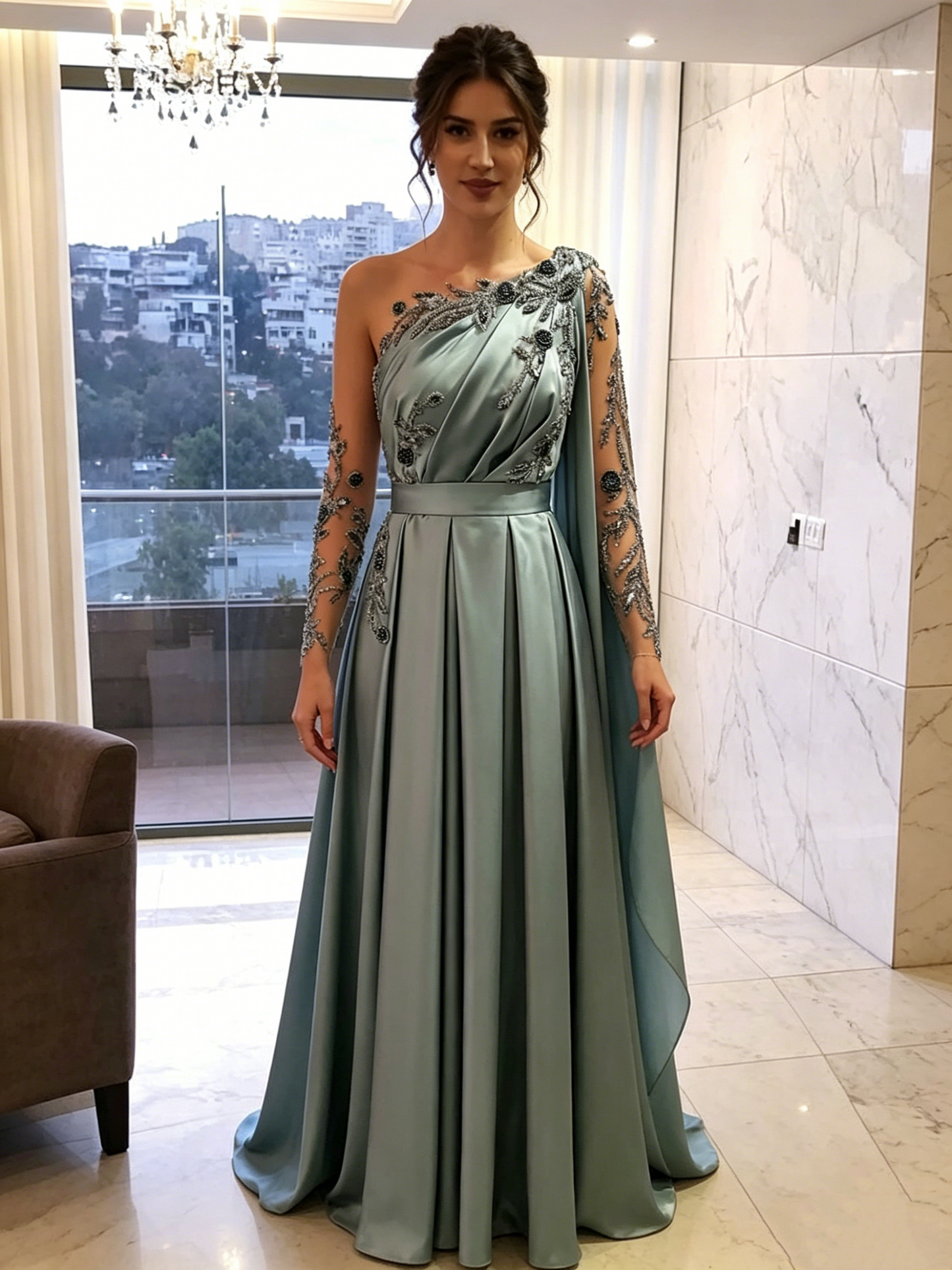 Abendkleider One-Shoulder-Full Length Satin A-Linie Lange Ärmel Formelle Partykleid Ballkleid fg6768