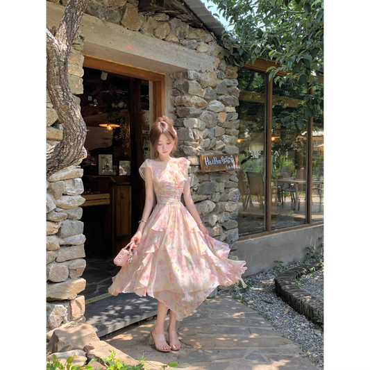 Floral print maxi dress, summer off-shoulder long dress  A70