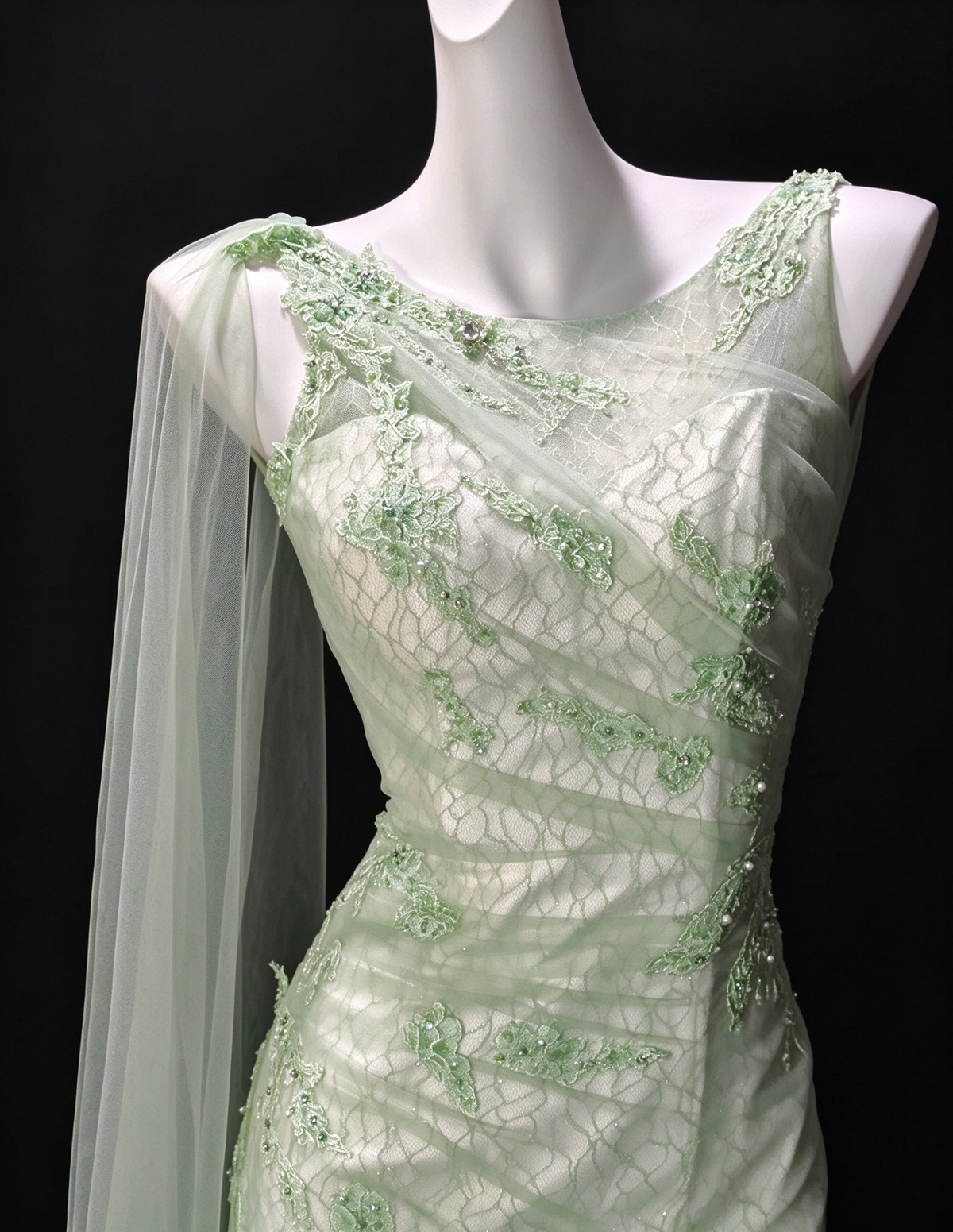 Sage Green Lace Appliqué Mermaid Tulle Evening Dress with Draped Tulle Sash & Deep V Back fg8944