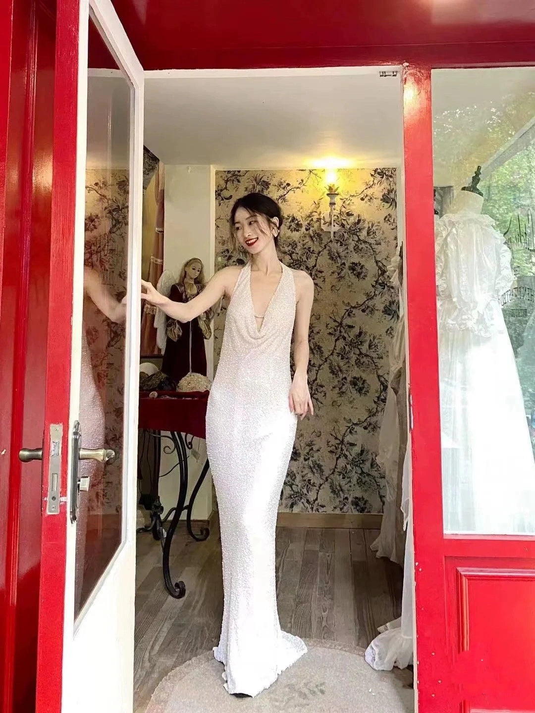 Halter Neck White Sequin Long Prom Dress Elegant Evening Dress fg8257