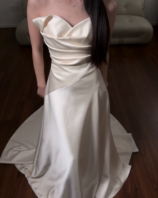Ivory Satin Wedding Dress Simple Evening Dress fg8699