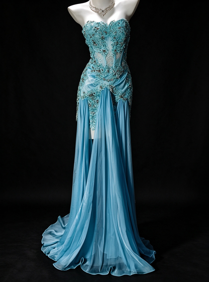 Strapless Sweetheart Sheer Corset Chiffon Overskirt Evening Gown with Beaded Lace Appliqués  fg8945