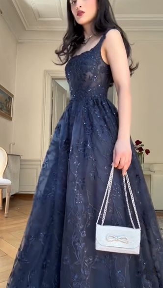 Blue A Line Lace Appliques Prom Dress Elegant Evening Gown fg8512