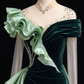 Dark Green Velvet Mermaid Evening Gown With Light Green Ruffled Satin, Beaded Illusion Neck & Sheer Tulle Sleeves fg8987