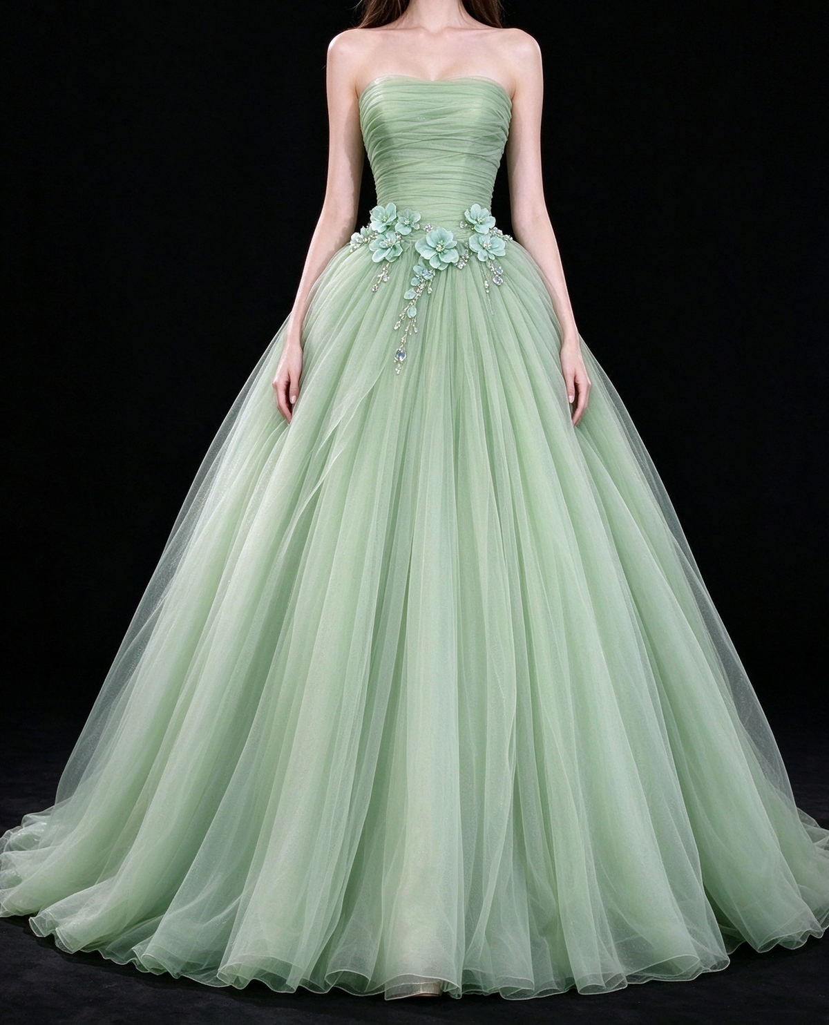 Mint Green Strapless Floral Applique Tulle Ball Gown fg9071