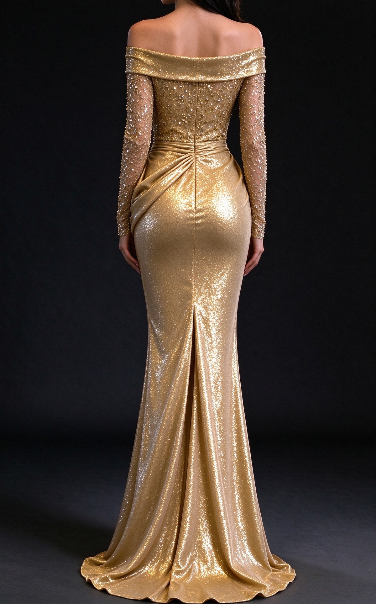 Gold Off-the-Shoulder Mermaid Evening Gown, Beaded Long Sleeves with Draped Waist fg9034