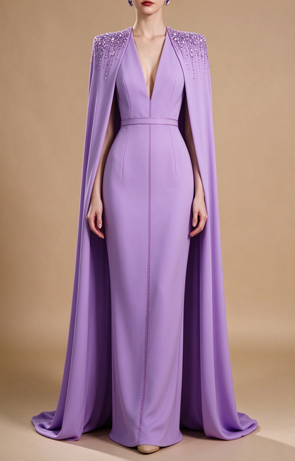 Lavender Deep V Neck Sheath Evening Gown With Cape Sleeves & Beaded Shoulder Embellishment fg8993