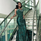 Luxury One Shoulder Satin Beaded Evening Dress Emerald Green Mermaid Prom Dress fg8412