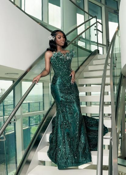 Luxury One Shoulder Satin Beaded Evening Dress Emerald Green Mermaid Prom Dress fg8412