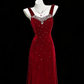 Wine Red Beaded A-line Velvet Straps Prom Dress, Wine Red Velvet Party Dress  fg8729