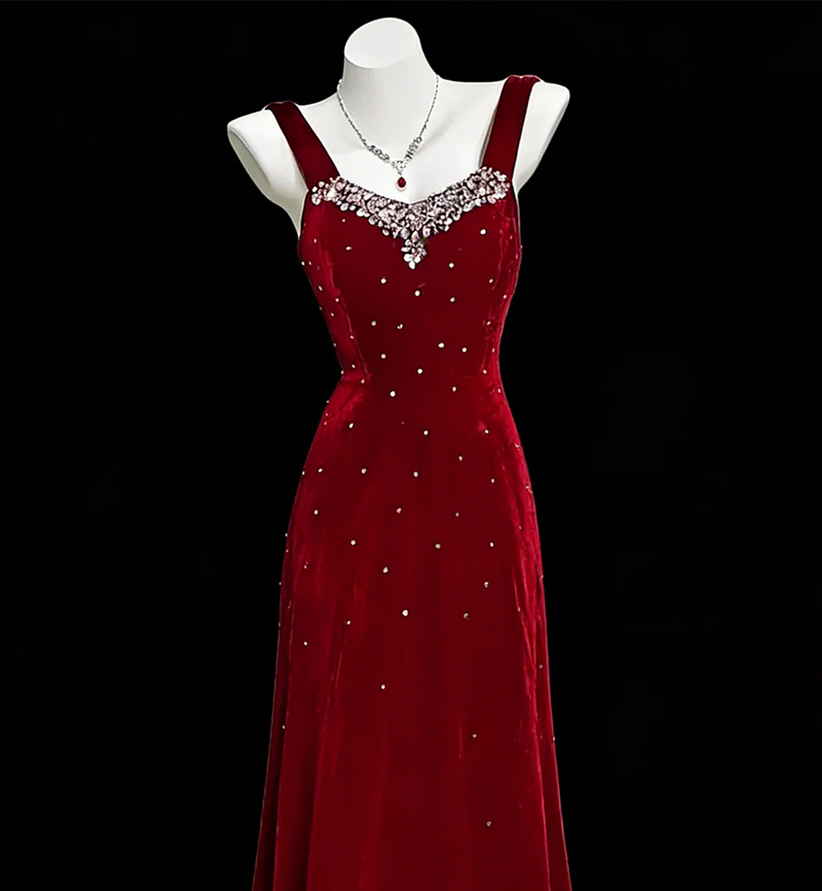 Wine Red Beaded A-line Velvet Straps Prom Dress, Wine Red Velvet Party Dress  fg8729